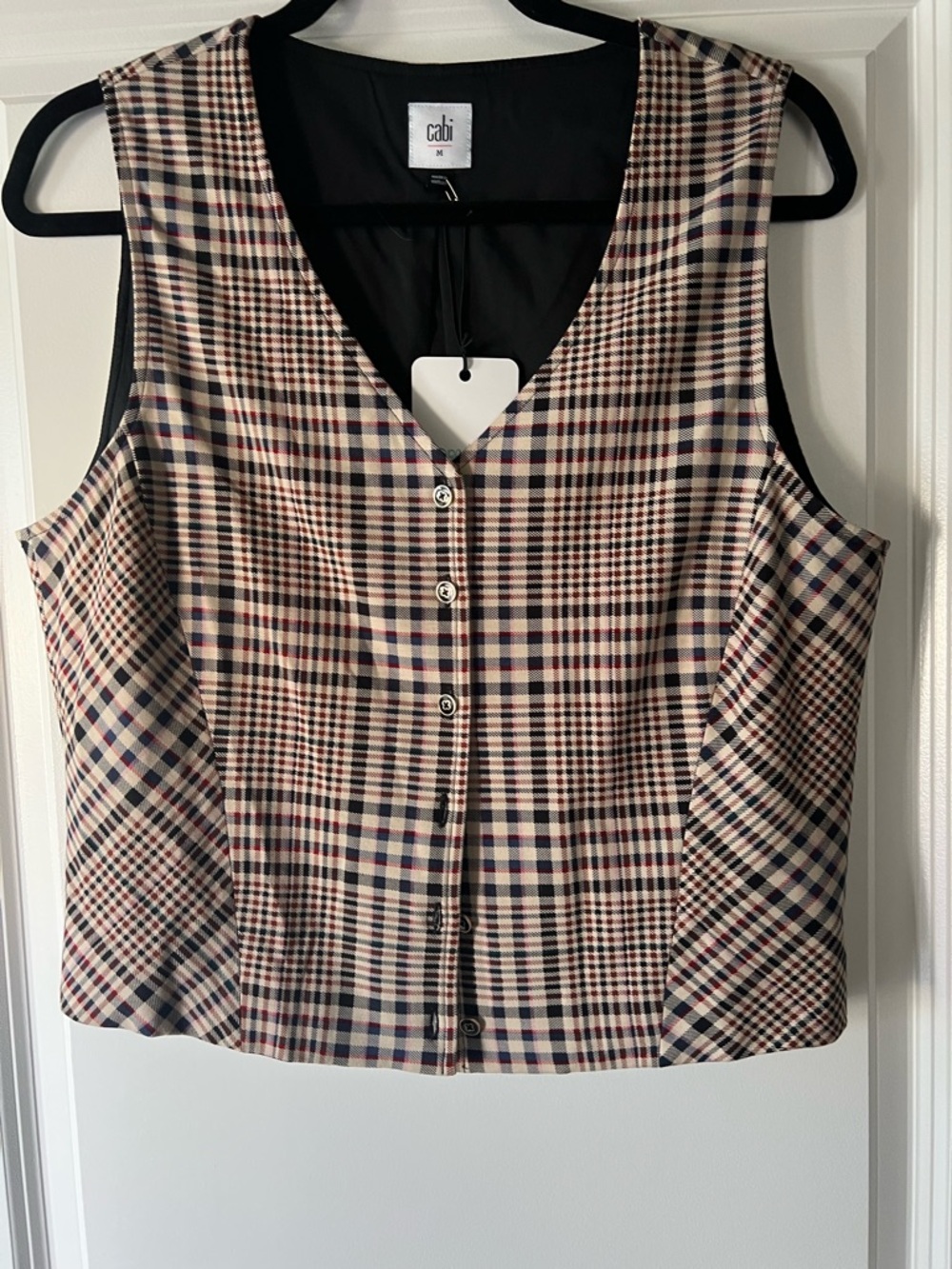 CAbi Sleeveless Button-Front Plaid Top in Beige, Navy & Red